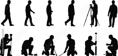 Surveyor and construction worker silhouettes set, engineers measuring kneeling isolated black shadow figures collection for design