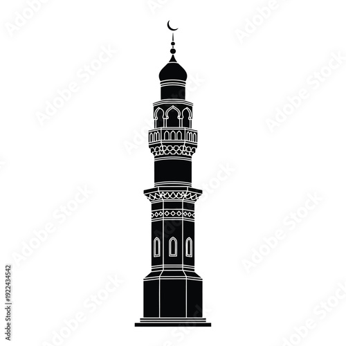 Elegant Minaret Silhouette: An elegant minaret rises against the sky, its intricate details and symbolic crescent moon, a representation of Islamic architecture's beauty.