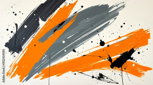 Abstract painting with bold contrasting brushstrokes featuring vibrant orange, muted gray, deep black,