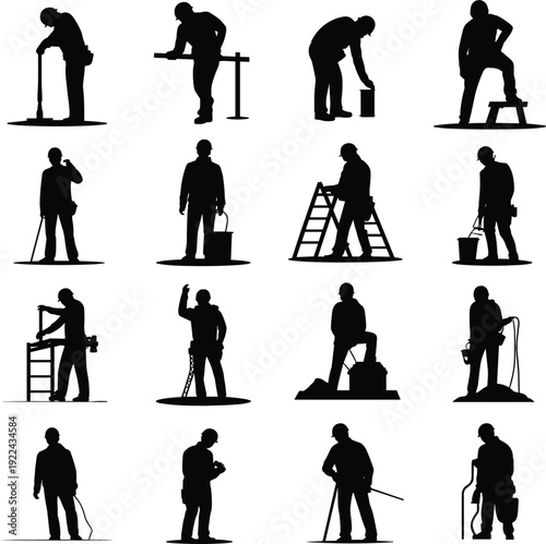 Construction and maintenance worker silhouettes set, builders cleaning digging repairing isolated black shadow figures collection