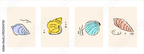 Summer seashell cards, hand-drawn in a scribbled style. Vector sticker for a marine booklet, underwater world. Minimalistic elements from the ocean floor, simple shells. Sticker for packaging, poster