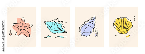Colorful seashells on summer postcards, hand-drawn in a scribbled style. Vector sticker for a marine booklet, underwater world. Doodle elements from the ocean floor, simple shells. Sticker for poster.