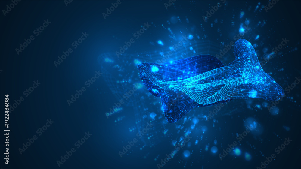 Fototapeta premium An abstract 3D object on a blue background with bright highlights.