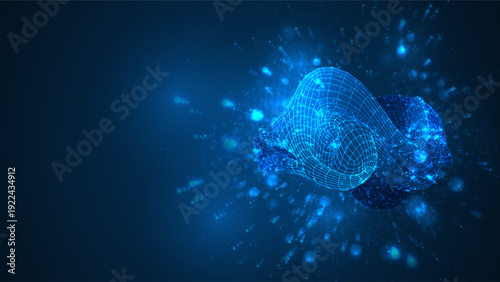 An abstract 3D object on a blue background with bright highlights.