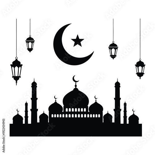 Ramadan Kareem Silhouette: A beautifully crafted silhouette showcases iconic elements of the blessed month, including a crescent moon, star, lanterns, and a mosque.