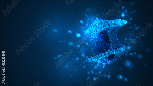 An abstract 3D object on a blue background with bright highlights.