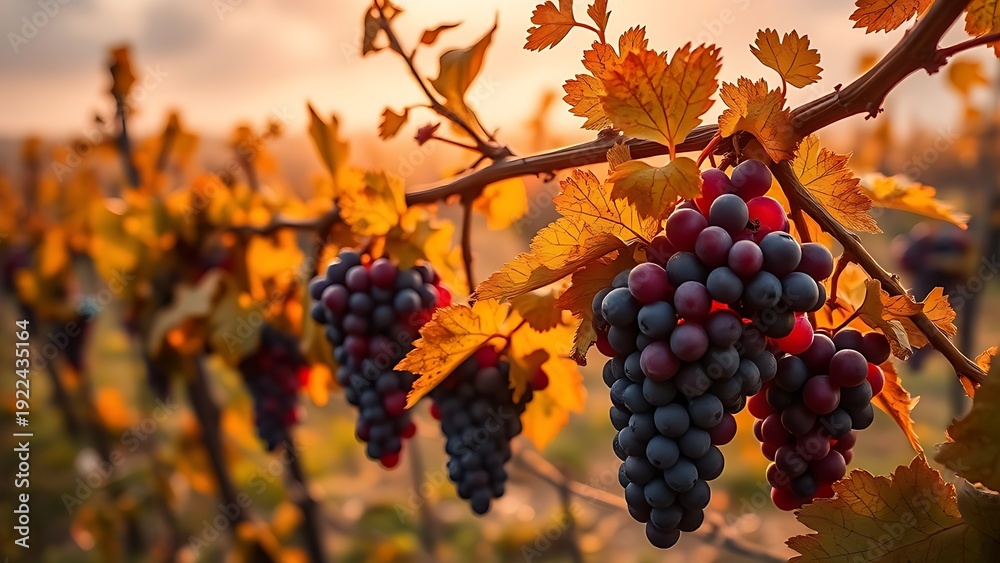 Naklejka premium Ripe purple grape clusters glowing in autumn mist of a vineyard at morning. representing seasonal cycles and harvest abundance.