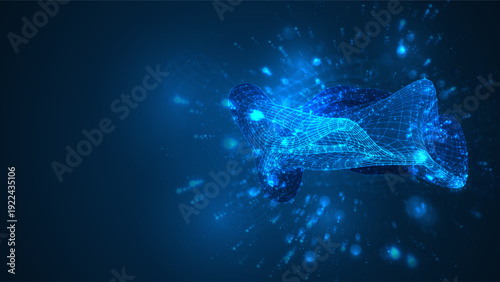 An abstract 3D object on a blue background with bright highlights.