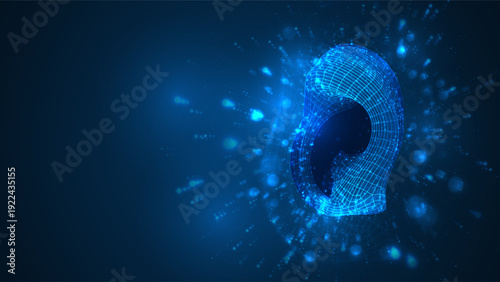 An abstract 3D object on a blue background with bright highlights.