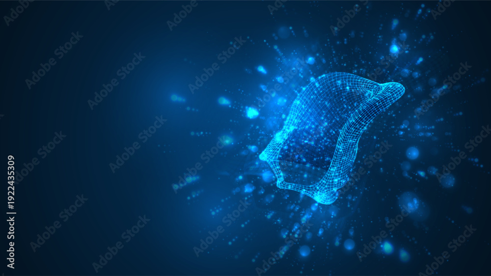 Naklejka premium An abstract 3D object on a blue background with bright highlights.
