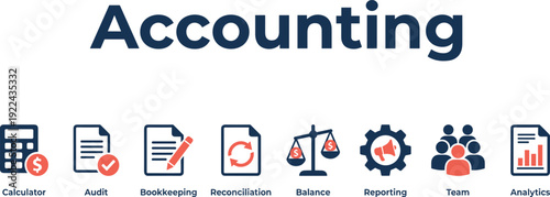 Accounting and finance services concept illustration with calculator, audit, bookkeeping, reconciliation, balance, reporting, team and analytics icons