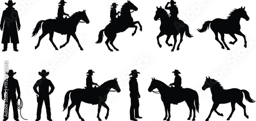 Cowboy and Horse Silhouette Collection, Western Rider and Wild West Characters Black Vector Illustration Set Isolated on White Background for Rodeo Design