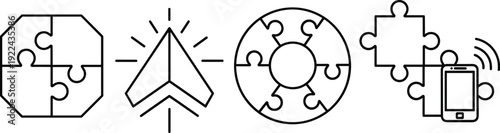 Puzzle connection and teamwork concept line icons set, collaboration, strategy, innovation, and mobile integration outline illustration collection