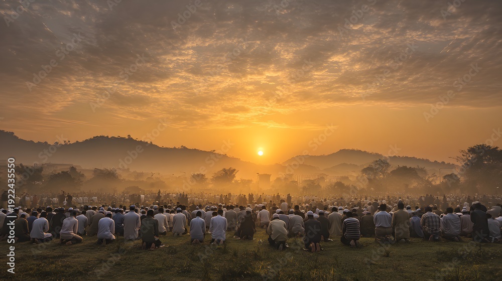 Obraz premium Sacred Dawn Illuminates Collective Devotion in Misty Landscape