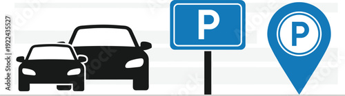 Parking sign with cars illustration showing transportation symbol, urban parking area concept, navigation marker, and vehicle location guidance design