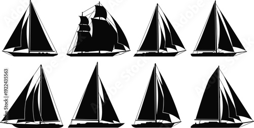 Sailboat Silhouette Collection, Classic Yacht and Sailing Ship Black Vector Illustration Set Isolated on White Background for Nautical Marine Design