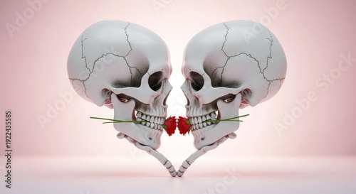 Eternal Love Skulls with Red Rose. Two 3D rendered human skulls face each other, holding a single red rose between their teeth, symbolizing undying affection and romance, against a soft pink backdrop.