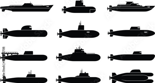 Submarine Silhouette Collection, Military Naval Underwater Warship and Torpedo Vessel Black Vector Illustration Set Isolated on White Background for Maritime Defense Design