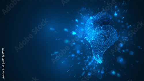 An abstract 3D object on a blue background with bright highlights.