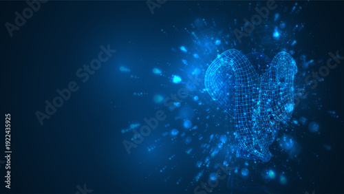 An abstract 3D object on a blue background with bright highlights.