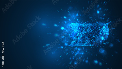 An abstract 3D object on a blue background with bright highlights.