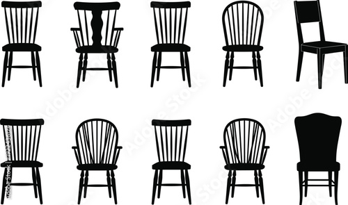Wooden Chair Silhouette Set, Classic and Vintage Dining Seating Furniture Black Vector Illustration Collection Isolated on White Background for Interior Design Projects