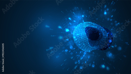 An abstract 3D object on a blue background with bright highlights.