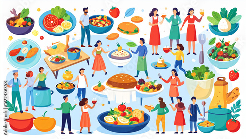 Cooking 3D Scene Vector Collection – Realistic Meals and Kitchenware Illustration Set