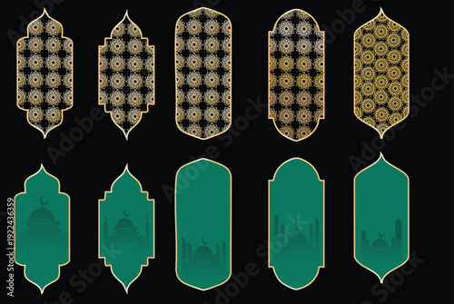 Islam Frame Shape Vector Design. Ramadan Vintage Pattern. Elegant Muslim Architectural Element with Golden Accents for Festive Celebrations.
