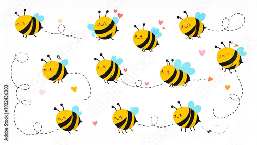 Flying Bee and Dotted Path Vector Set – Cute Cartoon Bee Flight Routes