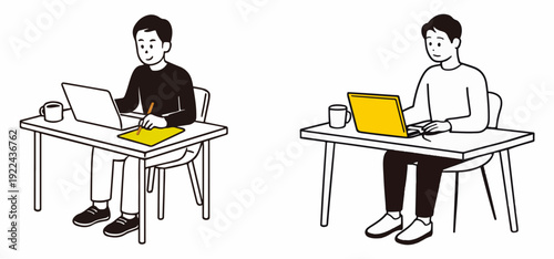 Remote Work Illustration – Man Working on Laptop at Desk with Coffee