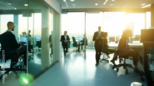 A bright and modern office environment with employees working at desks, sunlight streaming through large windows. 4k Video footage.