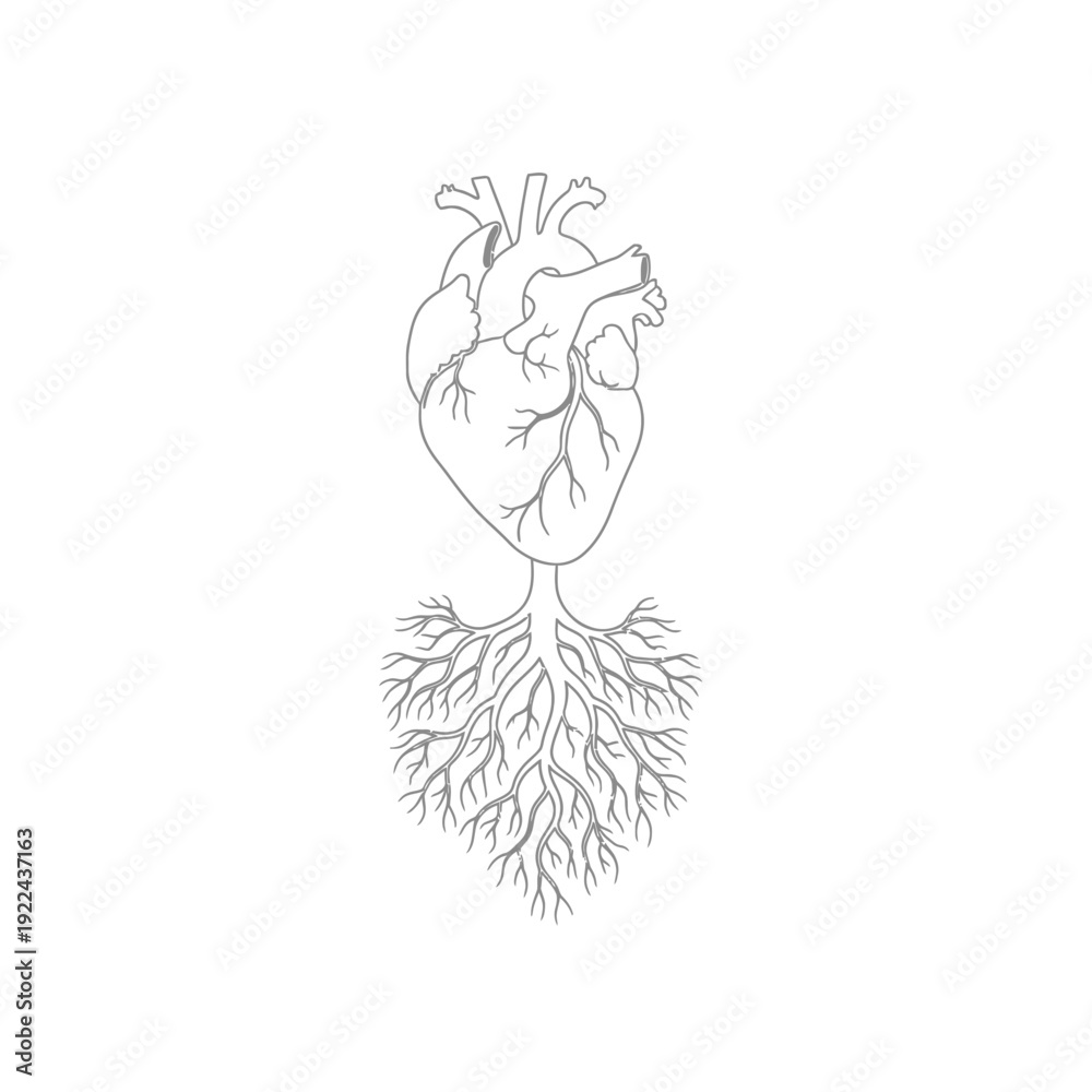 Fototapeta premium Minimalist heart outline with deep root system graphic on transparent background