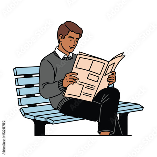Man reading newspaper sitting on light blue park bench