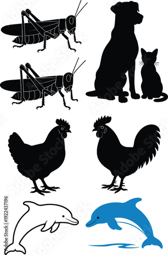 Black animal silhouettes of grasshopper dog cat chicken rooster and blue dolphin vector icons set isolated on white background for graphic design