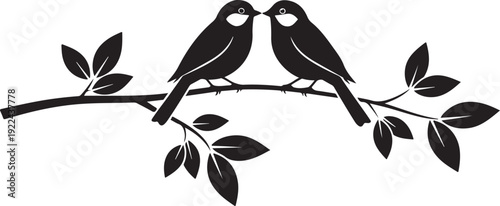 Two Birds Sitting on Branch Silhouette Vector Illustration