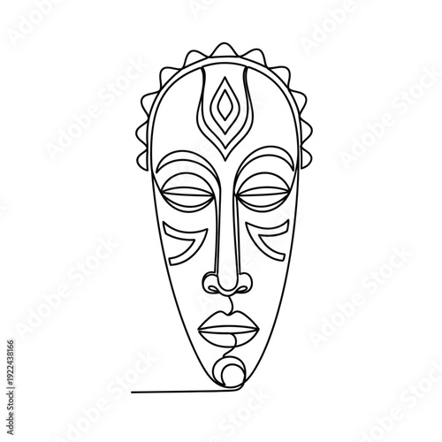 Continuous one line drawing of native american mask, ancient tribal art concept