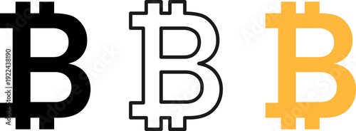 Bitcoin logo symbols in black, white and gold colors