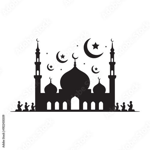 Holy month Ramadan mosque silhouette with crescent moon and devotion filled prayer atmosphere design