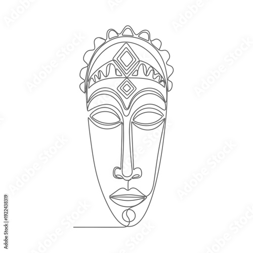 Continuous one line art drawing of african tribal mask, primitive decorative face design concept