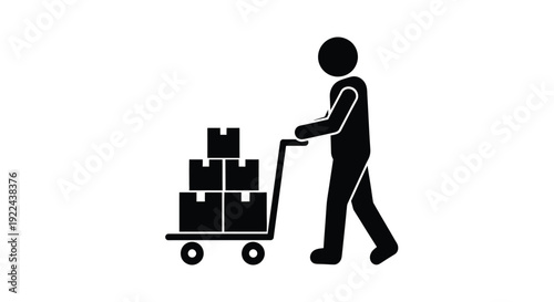 Simple black silhouette icon illustrating a worker moving stacked cardboard boxes on a hand truck or dolly