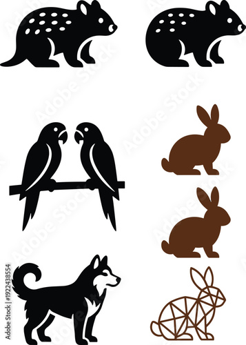 Black animal silhouettes vector set featuring pig, crab, crows, husky dogs, parrots, rabbits, and quolls, isolated on white background for creative design projects.