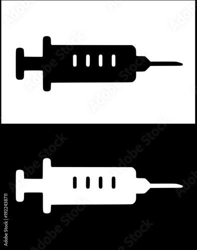 Health and medical icon, vector illustration of a syringe with silhouette design, in original and negative versions.