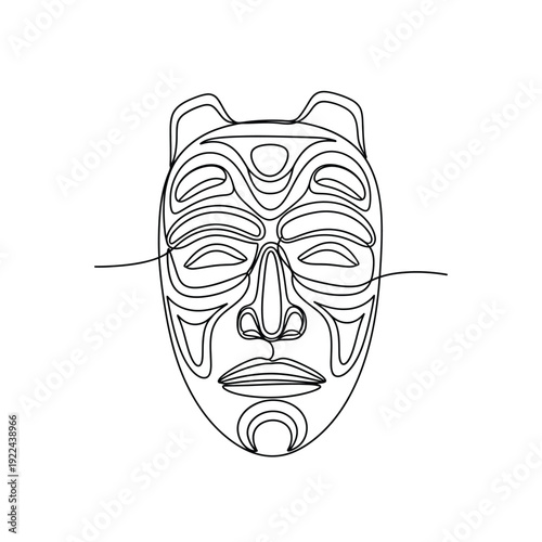 Indigenous animal mask illustration in one line style with bear ear features