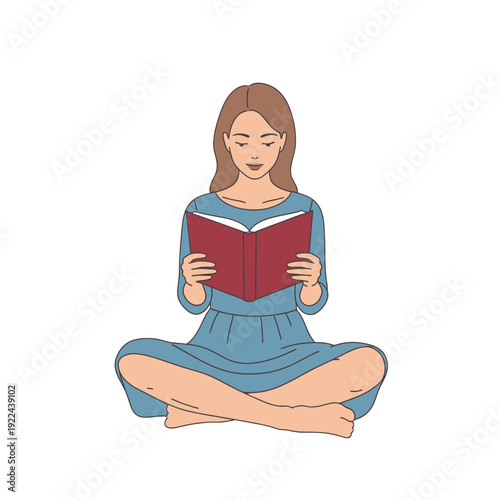 Woman in blue dress sitting cross-legged reading red book 1