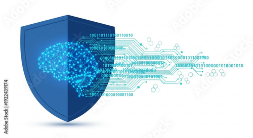 Blue shield with glowing circuit board and binary code symbolizing cybersecurity and data protection