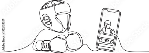 Single continuous line drawing boxing helmet and gloves with smartphone. Smartphone with boxing app. Mobile sports stream championship to play. one line Icon drawing