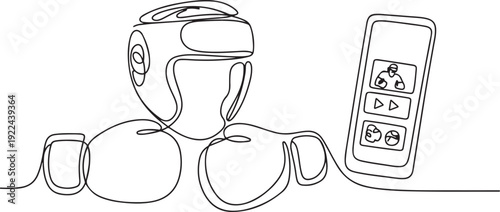 Single continuous line drawing boxing helmet and gloves with smartphone. Smartphone with boxing app. Mobile sports stream championship to play. one line Icon drawing