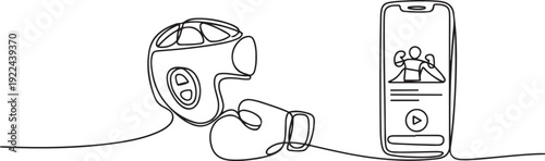 Single continuous line drawing boxing helmet and gloves with smartphone. Smartphone with boxing app. Mobile sports stream championship to play. one line Icon drawing