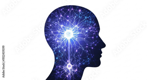 Human head silhouette with glowing neural network connections and bright sparks representing thoughts and ideas